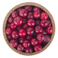 fresh red cowberry in wooden cup isolated on white background. top view