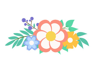 Flower composition. A bouquet of flowers, leaves and branch with blueberry. Isolated vector illustration