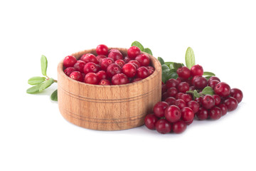 fresh red cowberry in wooden cup isolated on white background