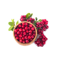 fresh red cowberry in wooden cup isolated on white background
