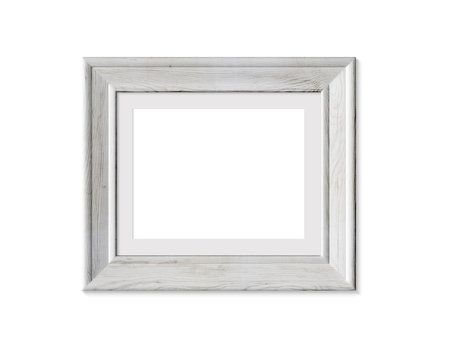 4x5 landscape horizontal old wooden frame mockup. Realisitc painted white wood sign.  Framing mat with wide borders.Isolated picture frame mock up template on white background. 3D render.