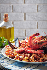 Spanish Fideua, a noodle Paella with prawns