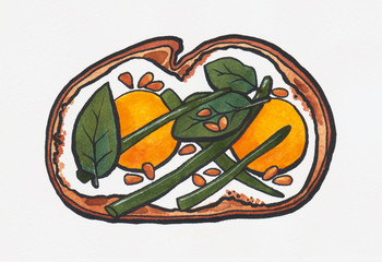 Hand drawn watercolor sandwich with egg and green