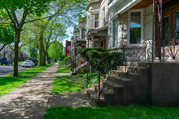 Row of Old Homes in Logan Square Chicago with Stairs