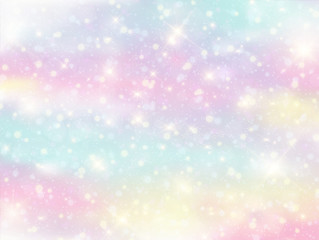 Illustration of galaxy fantasy background and pastel color.The unicorn in pastel sky with rainbow. Pastel clouds and sky with bokeh . Cute bright candy background . © UHDHDR