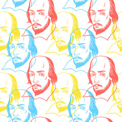 Hand drawn William Shakespeare portrait seamless repeat vector pattern. Literary, classical british theatre, english book, education background. Bright colorful texture. - obrazy, fototapety, plakaty