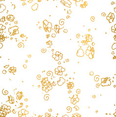 Flowing, scattered golden cherry flowers, very soft, elegant and delicate. Hand drawn floral botanical background in gold foil on white for fashion, textile, wrapping paper and wallpapers.