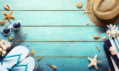 Beach Background - Summer Accessories On Blue Plank