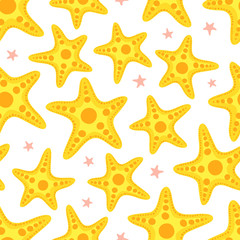 Fototapeta na wymiar Starfish seamless pattern. Nautical background with yellow sea stars. 