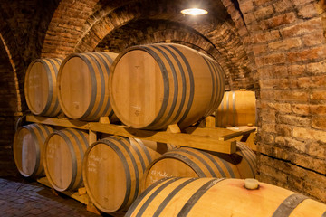 wine barrels in the cellar, Szekszard, Hungary
