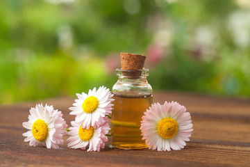 Essence of flowers on table in beautiful glass jar © solstizia