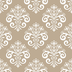 Fototapeta na wymiar Wallpaper in the style of Baroque. Seamless vector background. White and beige floral ornament. Graphic pattern for fabric, wallpaper, packaging. Ornate Damask flower ornament