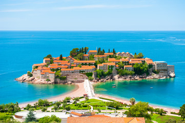 Sveti Stefan island near Budva, Montenegro. Beautiful summer landscape. Famous travel destination.