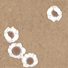 Floral vector background with anemone flowers and place for text on kraft paper. Invitation, greeting card or an element for your design. Corner composition.