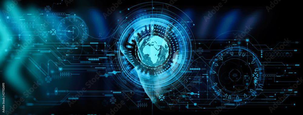Poster Hand working with the earth with network line with point on the star and world modern UI with Internet Network concept.