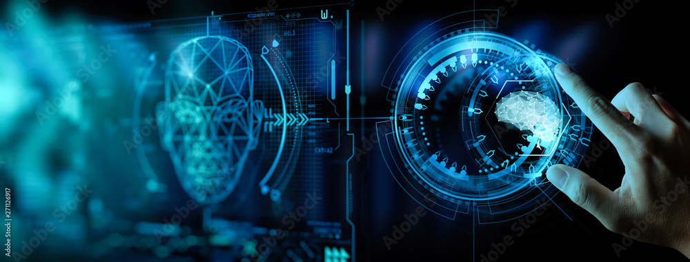 Poster Artificial intelligence (AI) with machine deep learning and data mining and another modern computer technologies UI by hand touching low poly icon.