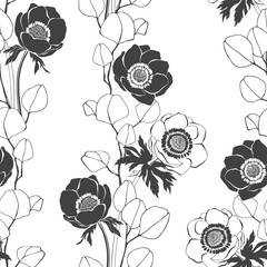 Seamless vector pattern with anemone flowers and eucalyptus branches on white background. Monochrome floral background.