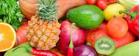 Background of Collection fresh fruits and vegetables . Wide photo.