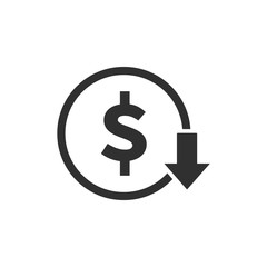Dollar down icon isolated on white background. Vector illustration.