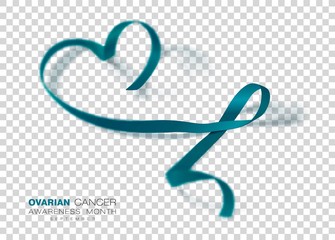 Fototapeta na wymiar Ovarian Cancer Awareness Month. Teal Color Ribbon Isolated On Transparent Background. Vector Design Template For Poster.