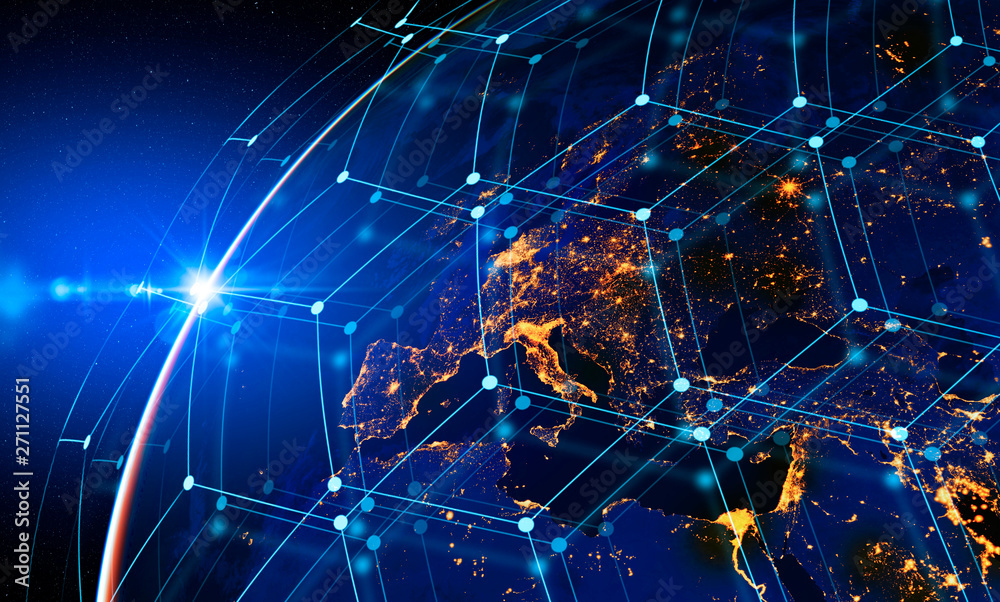 Poster communication technology for internet business. global world network and telecommunication on earth 