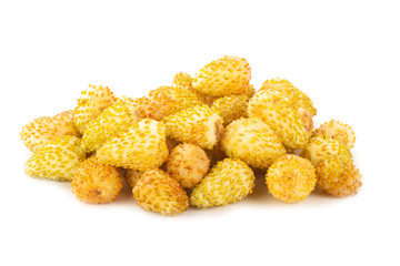 heap of fresh yellow wild strawberries isolated on white background