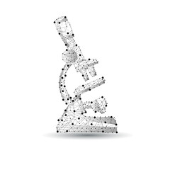 microscope icon in low poly style consisting of points, lines, and shapes in the form of planets, stars and the universe