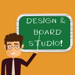 Conceptual hand writing showing Design And Board Studio. Business photo text Modern designing space professional office Man Holding Stick Pointing to Wall Mounted Blank Color Board