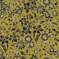 Seamless repeat pattern. Vector illustration of yellow, olive and black leaves, flowers, tulips and petunias.