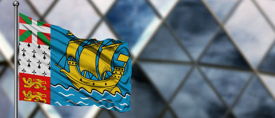 Saint Pierre And Miquelon flag waving in the wind against blurred modern building. Business concept. National cooperation theme.