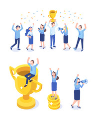 Fototapeta na wymiar Team Success isometric vector illustration. Business people celebrating victory. Man sitting on the gold winner cup, happy people raising their hands. Vector illustration on white background 