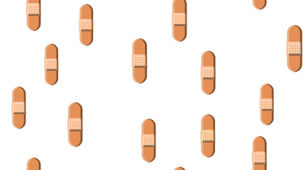Seamless pattern texture of endless repetitive corporal medical pharmacological patches for sticking wounds and cuts against white yellow background. Vector illustration