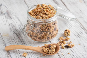 fruit and seed granola in glass jar