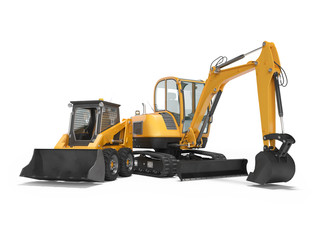 Orange mini crawler excavator and mini loader isolated 3d render on white background with shadow