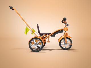 Obraz na płótnie Canvas Orange kids bike with telescopic handle side view 3d render on orange background with shadow