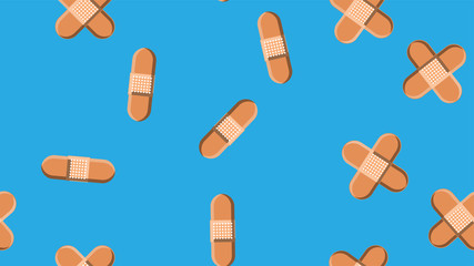 Seamless pattern texture of endless repetitive bodily medical pharmaceric patches for sealing wounds and cuts on a blue background. Vector illustration
