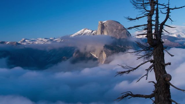 Yosemite Vally's Iconic Half Dome Mountain is wrapped in Low Clouds after a Spring Storm.