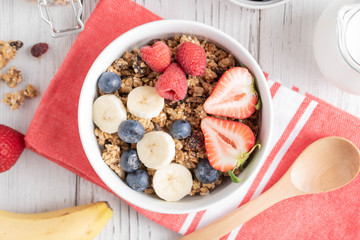 granola with fruit, top view image