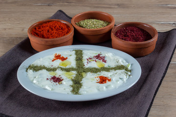 Traditional greek dip sauce or dressing tzatziki prepared with grated cucumber sour cream yogurt olive oil and fresh dill