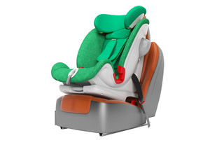 Green baby car seat for the child 3d render on white background no shadow