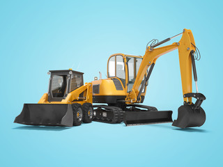 Orange mini crawler excavator and mini loader isolated 3d render on blue background with shadow