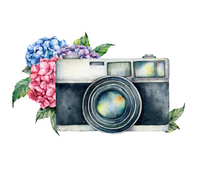 Watercolor card composition with camera and flower bouquet. Hand painted photographer logo with anemone and ranunculus flowers isolated on white background. For design, prints or background.