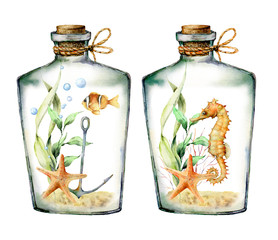 Watercolor nautical card with coral animals, plants and fish into the bottle. Hand painted underwater branches, starfish isolated on white background. Illustration for design, print or background. © yuliya_derbisheva
