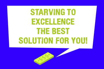 Writing note showing Starving To Excellence The Best Solution For You. Business photo showcasing Make things perfect Rectangular Speech Bubble with Tail pointing to Dollar Paper Bill