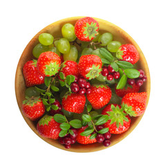 strawberries and other berries in wooden plate isolated on white background. top view