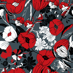Bright floral vector illustration. Layers of red, white, black and grey poppies, daisies, petunias and tulips. Seamless repeat pattern. Ideal for cheerful stylish wallpaper, scrapbooking, fashion