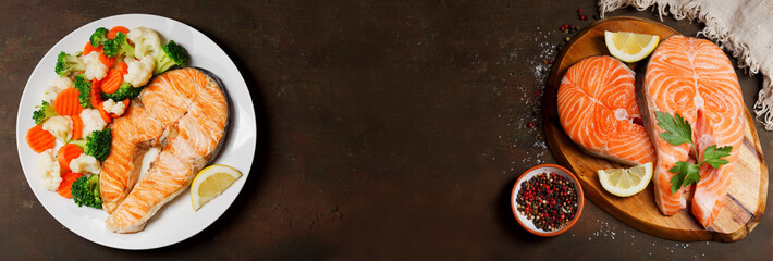 plate of grilled salmon steak with vegetables and ingredients for cooking,