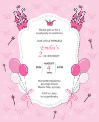Baby girl royal bithday invitaion with baloons, castle, hearts and crowns.