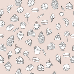 Hand drawn sweet pastry with berries on isolated background, seamless pattern