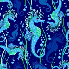 Seahorse cute blue sea animal Vector Seamless Pattern Textile Design